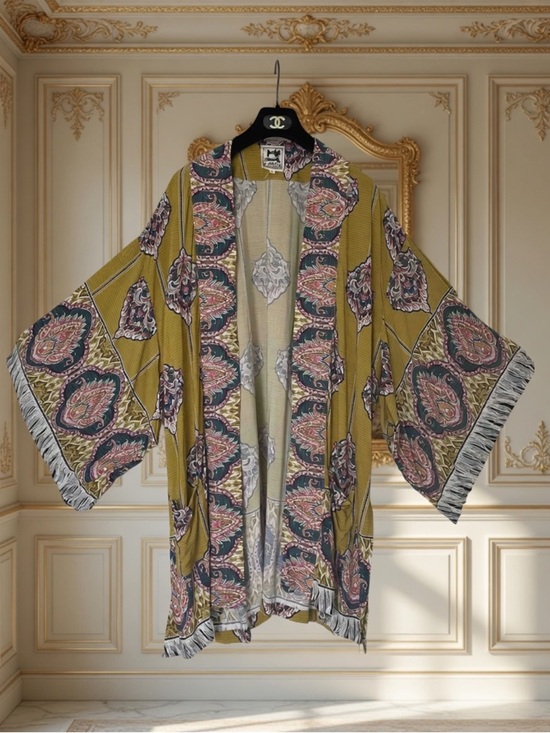 Jaase Other - Jaase Mustard Yellow Olive Paisley Kimono Robe Cover-Up Duster M